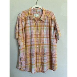 American Eagle Linen Blend Plaid Top XL Women Short Sleeve Summer Boho Beach